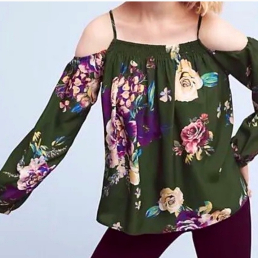 NWOT Maeve by Anthropologie Green Floral Silk Blouse M
